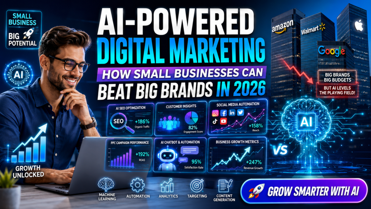 AI-powered digital marketing helping small businesses compete with big brands in 2026 using automation, SEO, and AI analytics.