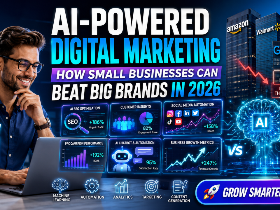AI-powered digital marketing helping small businesses compete with big brands in 2026 using automation, SEO, and AI analytics.