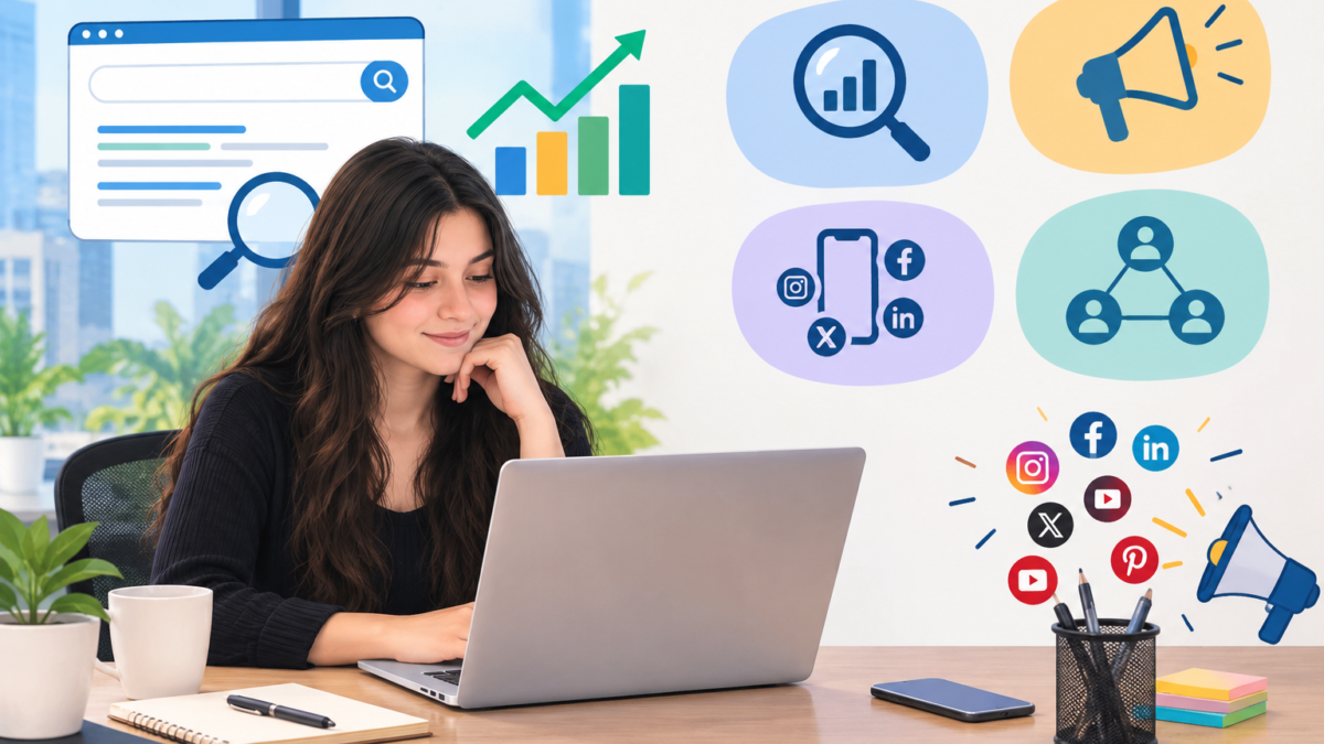 Digital marketing professional working on a laptop with SEO, social media, analytics and online growth concepts