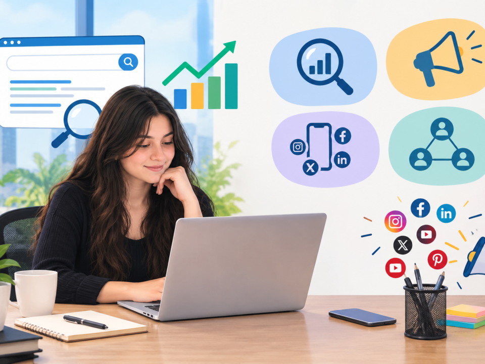 Digital marketing professional working on a laptop with SEO, social media, analytics and online growth concepts
